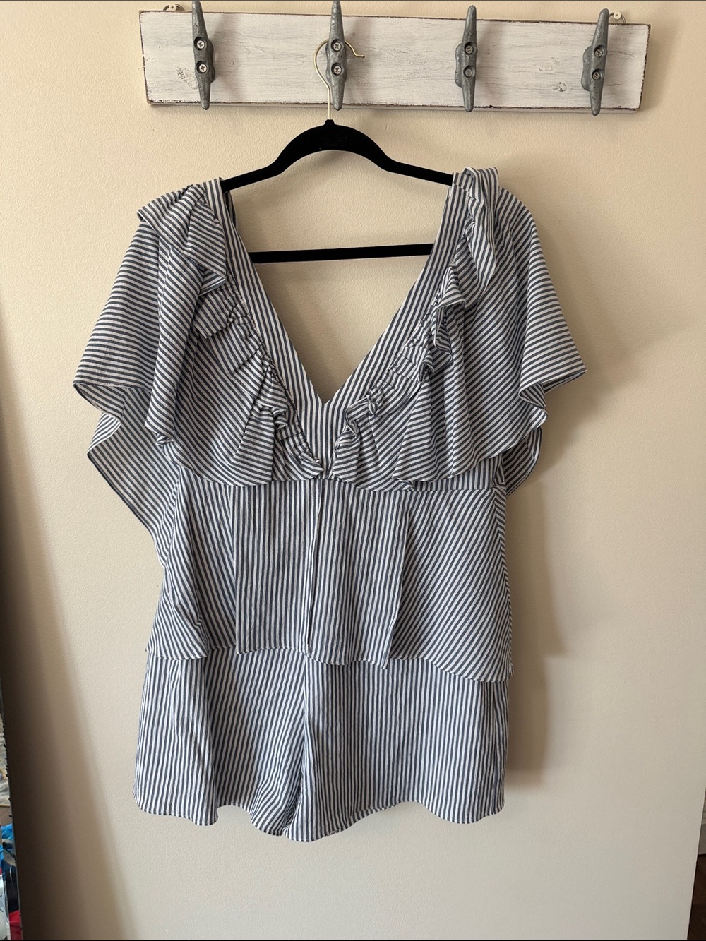 BCBG Striped Ruffle V-Neck Romper in Navy and White